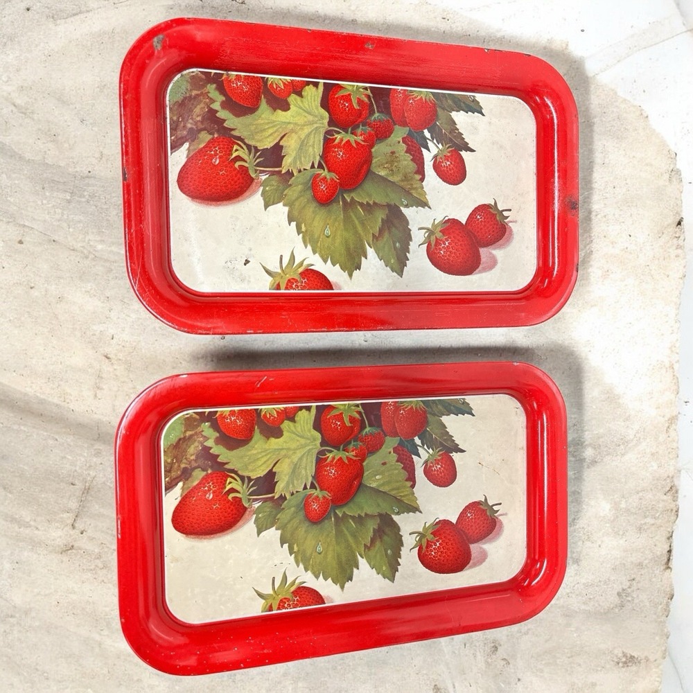 Vintage Rectangular Metal Tray Strawberry Design 14" x 9" Retro Kitchen Decor